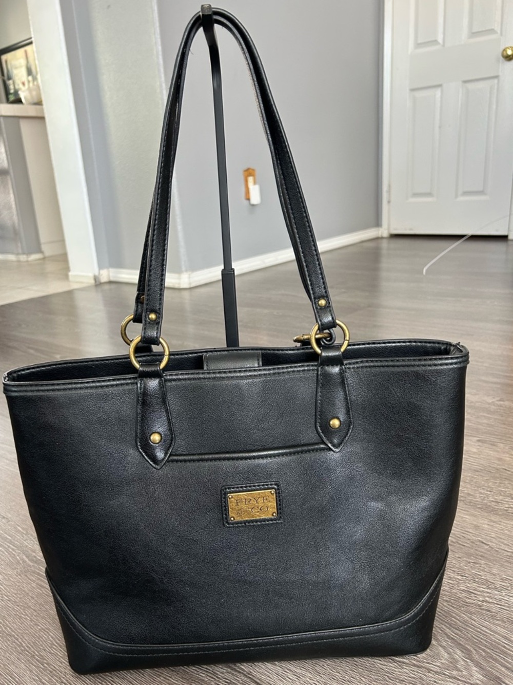 FRYE AND CO. CORE SATCHEL Black FAUX Leather Bag with Gold Hardware -